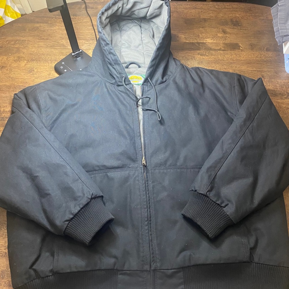 Cabelas Barn Coat Work Jacket Men Black Hooded Canvas Quilted Lined
2XL Tall